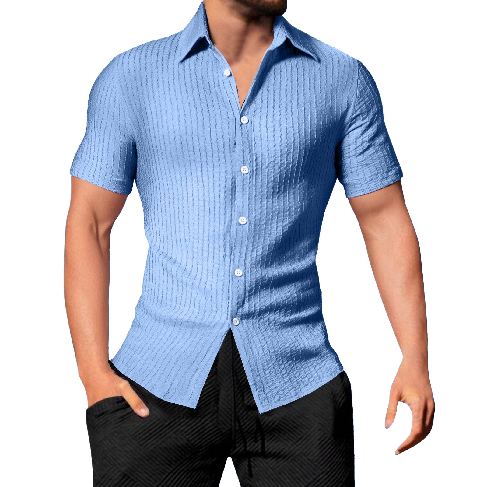 thumbnail image 2 of Camisa informal de manga corta a rayas para hombre: cuello abierto, corte holgado, para el verano, diseño resistente a las arrugas y fácil de cuidar, 2 of 6